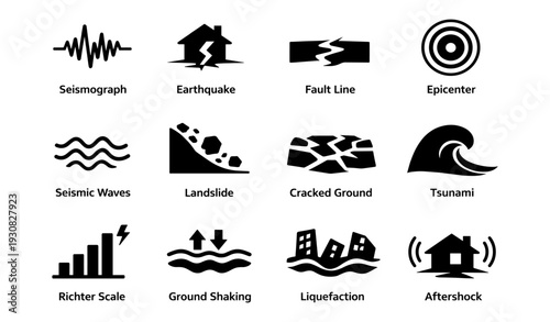 Earthquake hazard icons: richter scale, seismic waves, tsunami, epicenter, landslide