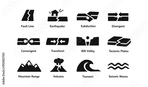 Geological icon set illustrating earthquake dynamics and plate tectonics