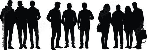 Group of people silhouettes, standing men and women together, black vector illustration of teamwork, community, diversity, and social concept