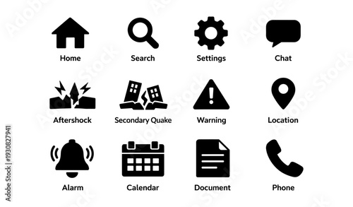 Essential icons: home, search, settings, chat, alerts, and communication symbols
