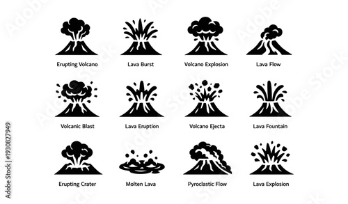 Set of volcano icons featuring eruptions, lava flows, and explosions