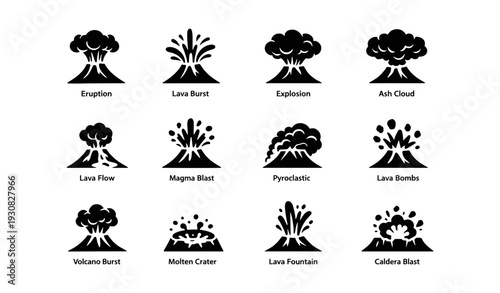 Volcano icon set featuring eruption, lava burst, and explosion designs