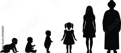 Human life stages silhouettes, baby child adult senior progression, growth and aging concept, family lifecycle illustration, black vector design