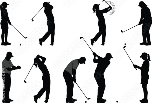 Black vector silhouette set of male and female golfers swinging clubs putting and hitting golf balls isolated on white background