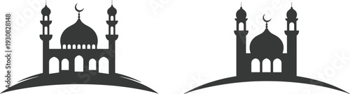 Islamic mosque silhouette icons with domes and minarets crescent symbols, black Ramadan flat vector illustration set