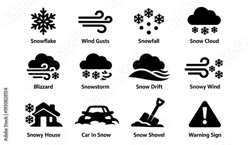 Weather icons: snowflake, blizzard, car in snow, warning sign