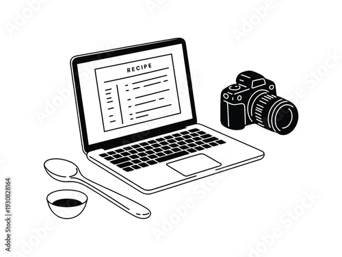 Black and White Illustration of Laptop with Recipe, Camera, Spoon, and Bowl