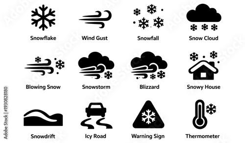 Weather icons: snowflake, snowfall, wind, blizzard, thermometer, warning sign