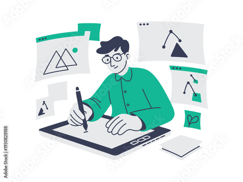 Man using graphics tablet with stylus and various design elements around him digitally