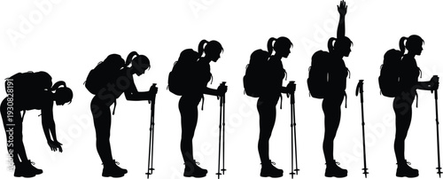hiker, hiking, trekking, silhouette, sequence, woman, backpack, outdoor, adventure, walking, mountain, fitness, poles, animation, movement, female hiker, trekking poles, backpack silhouette, movement 