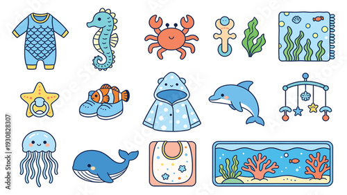 Vibrant Collection of 15 Playful Cartoon Ocean-Themed Baby Stickers Featuring Onesies, Toys, and Accessories on White Background