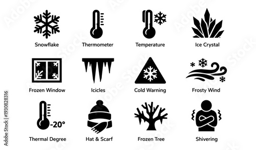 Winter icons: snowflake, thermometer, frosty wind, icicles, frozen window symbols