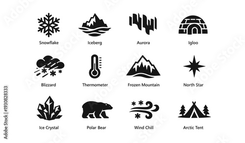 Winter icons set: snowflake, aurora, igloo, polar bear, wind chill, arctic tent