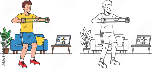 Man Doing Online Resistance Band Workout at Home Virtual Fitness Illustration