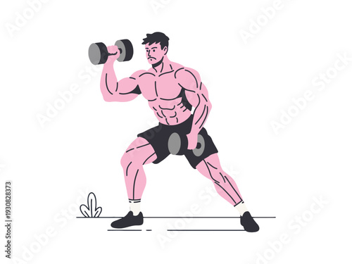 Athletic Man Exercising with Dumbbells in a Lunge Position, Fitness Illustration
