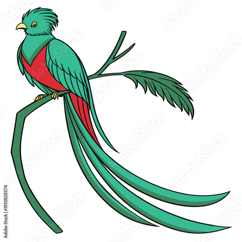 Stylized Resplendent Quetzal Perched on Branch Vector

