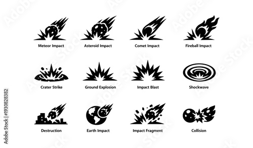 Meteor, asteroid, comet impact icons - shockwave, explosion, collision symbols