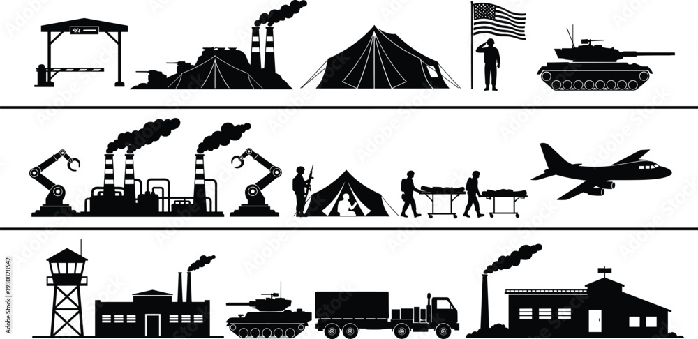 Obraz premium Military and industrial silhouettes collection, army base equipment factories vehicles and transport, war logistics and defense infrastructure, black vector illustration
