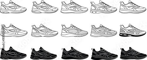 Sneaker silhouette illustration set, diverse footwear designs with line art and solid fill styles, fashion and streetwear theme - flat vector illustration