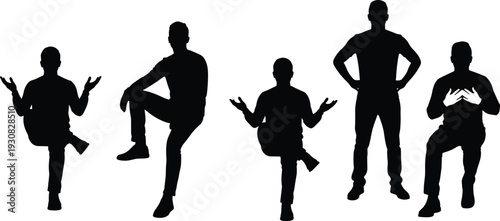 Men standing and sitting silhouettes, human body language poses, communication and thinking concept, male figures, black vector illustration