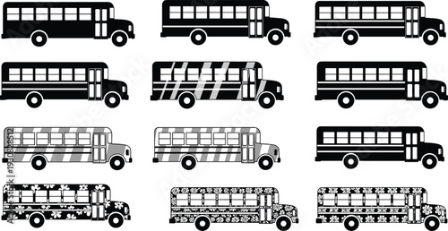 School bus silhouette illustration set, progressive designs from solid black to decorative floral patterns transportation theme - flat vector illustration