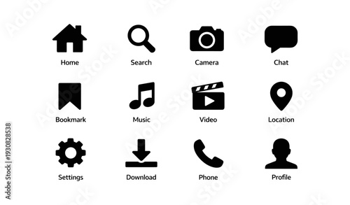 Home search camera chat music video icons for apps and websites