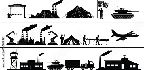 Military and industrial silhouettes collection, army base equipment factories vehicles and transport, war logistics and defense infrastructure, black vector illustration