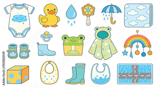 Playful Collection of 16 Cartoon-Style Baby Items in Bright Colors with Toys and Accessories Set | 4x4 Grid Layout _1479414038.eps