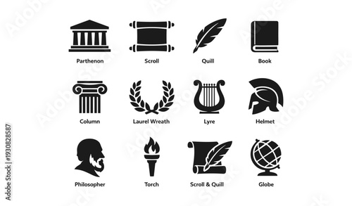 Ancient greek symbols: parthenon, scrolls, quill, and more icon set