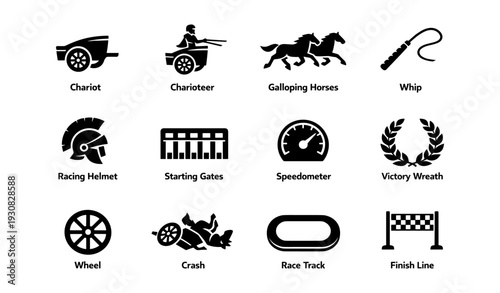 Ancient roman chariot racing icons: charioteer, galloping horses, racing helmet, victory wreath