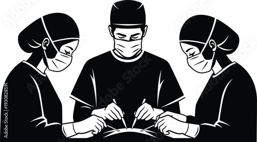 Surgery team silhouette vector illustration, medical professionals performing operation representing healthcare, teamwork, and precision - flat vector illustration