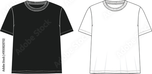 T-shirt silhouette illustration set, black and white short-sleeve designs with neckline and stitching details fashion apparel theme - flat vector illustration