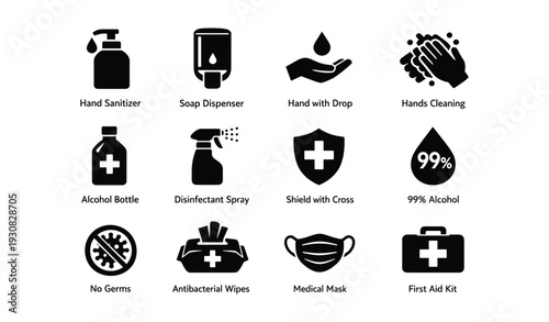 Hygiene icons set with sanitizer, disinfectant, first aid, and masks