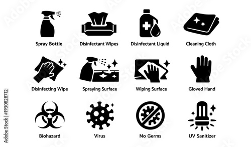 Icons of cleaning and hygiene tools: spray bottle, disinfectant wipes, virus, uv sanitizer