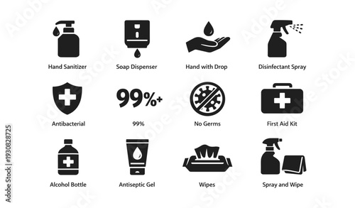 Hygiene icons: hand sanitizer, soap, antibacterial and first aid symbols