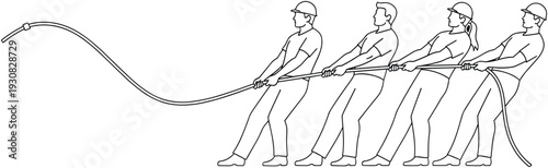 Tug-of-war silhouette illustration, four individuals pulling rope with helmets, teamwork and force concept theme - flat vector illustration