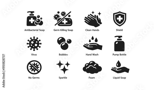 Germ-killing hygiene icons: soap, virus, hand wash, shield, bubbles