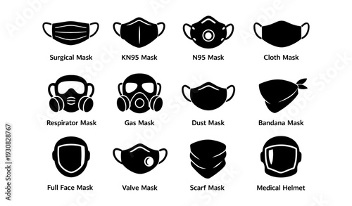 Variety of protective masks: surgical, respirator, gas, dust, scarf, helmet