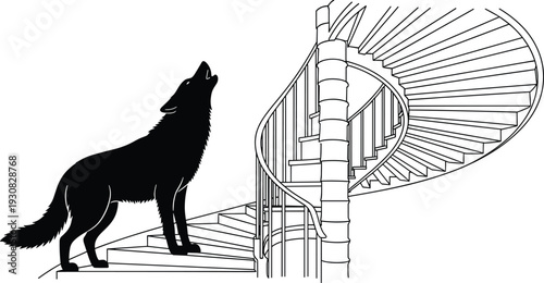 Wolf silhouette illustration on spiral staircase, architectural and natural contrast with dynamic upward motion theme - flat vector illustration