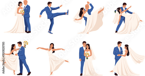 Wedding couple illustration set, bride and groom in romantic and playful poses including dancing, lifting and bouquet theme - flat vector illustration