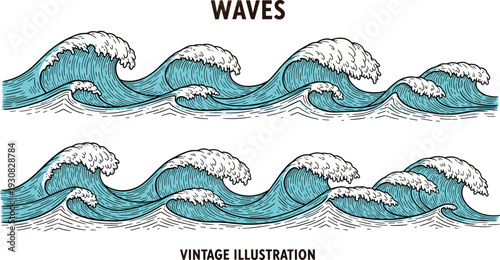 Vintage ocean wave vector illustration, stylized cresting waves with foam and rhythmic motion representing sea, nature, and water themes - flat vector illustration