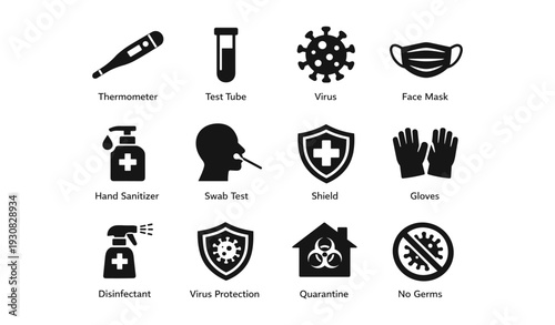 Essential health and safety icons: virus, protection, quarantine, mask, gloves