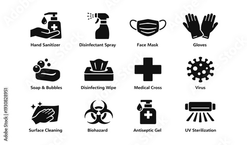 Essential hygiene and safety icons: sanitizer, mask, gloves, virus, uv sterilization