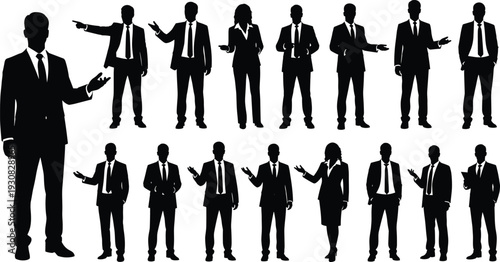 Business professional silhouette illustration set, formal attire figures in various poses including pointing, gesturing and holding documents theme - flat vector illustration