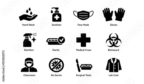 Essential medical hygiene icons: hand wash, sanitizer, face mask, gloves, disinfect, sterile