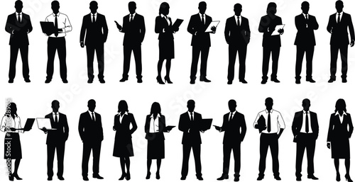 Business professionals silhouette vector illustration, diverse male and female figures with laptops, tablets, and documents representing corporate workplace themes - flat vector illustration