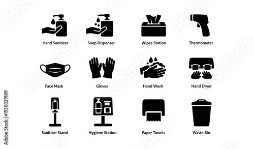 Hygiene and sanitation icons: mask, gloves, hand wash, soap dispenser, thermometer
