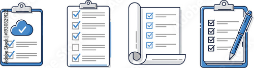 Checklist and task list illustration set, clipboards and paper formats with checkmarks for productivity and organization theme - flat vector illustration
