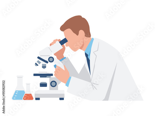 Scientist Examining Samples Under Microscope with Beakers and Laboratory Equipment