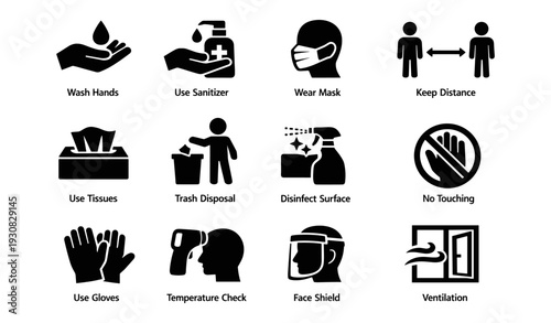 Covid-19 safety icons: hygiene practices and social distancing guidelines